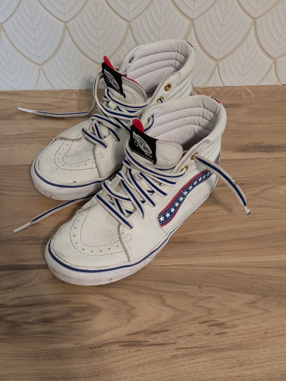 Vans Kids White High-Top Sneakers with Red & Blue Accents